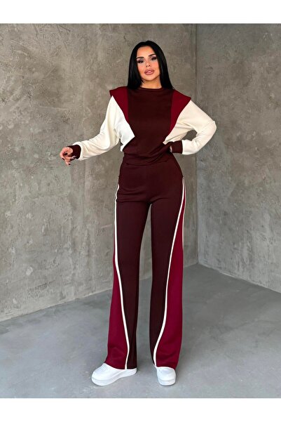 HARMONY GLOBAL Women's Burgundy Red Double Sport Suit – Comfortable O Oversized Top & Ş Striped Detail Wide Leg Pants 7621