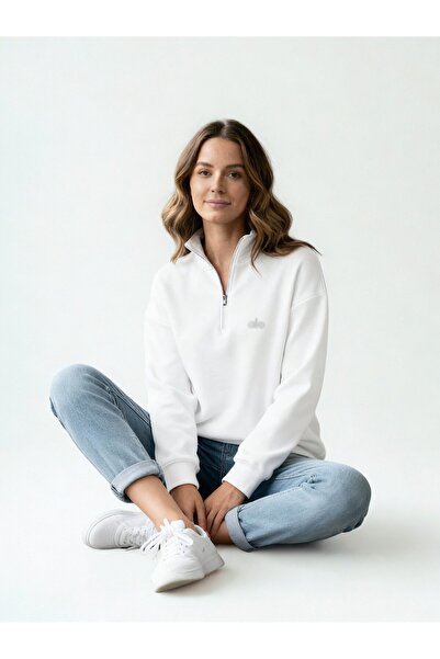 HepsitrentStore White Color Zippered Collar Long Sleeve Sweatshirt