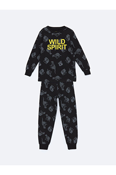 LC Waikiki Σετ παιδικές πιτζάμες LCW Kids Anthracite Crew με στάμπα μακρυμάνι...