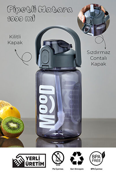 Mefa Mutfak Lockable Lid Straw Flask – Portable Water Bottle with Handle – Bpa Free – Food Grade – 1000 Ml/Gray