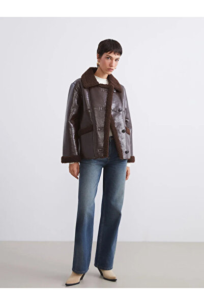 LC Waikiki Lcw Vision Brown Plush Shirt Collar Women's Leather-Look Coat