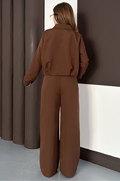 Zerenyus Zipper Closure Wide Leg Top and Bottom Trench Coat Set Brown