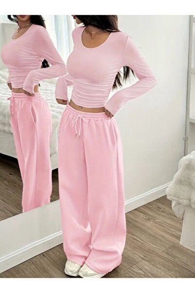 Zıva Design House Kadın Pembe Yüksek Bel Şardonlu Palazzo Bol Eşofman Altı