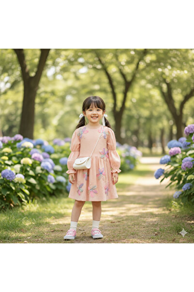Mali Kız Çocuk Çantalı Ve Çiçekli Muslin Uzun Kollu Bayramlık Elbise (2-3-4-5...