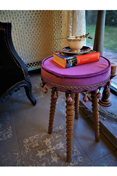 RENDORA MOBİLYA Mor Ahşap Ayaklı Dekoratif Puf Sehpa