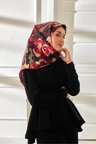 Silk Home Burgundy Black Floral Pattern Tivil Woven Pure Silk Scarf-11483-34