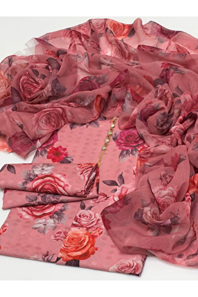 MYSMAR Pink Colored Lawn Cotton Top Bottom Dupatta - BPK1007 | Pink