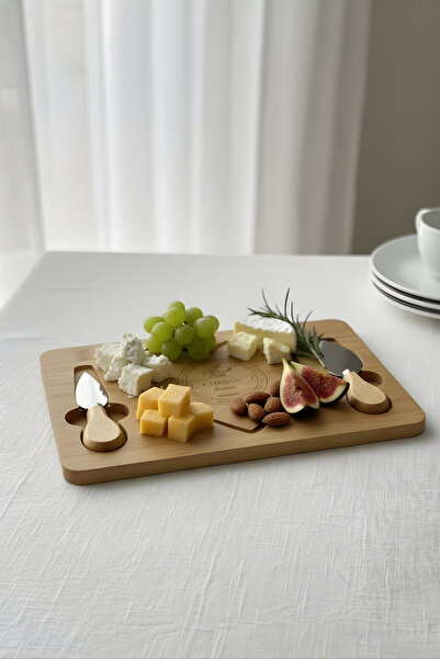 EVONİTA Bambu Kalp Desenli Peynir Sunum Tahtası Bıçaklı Şık Servis Likit Bard...