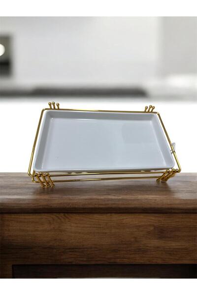 OEM Porcelain serving platter with gold metal stand, 28×16 cm