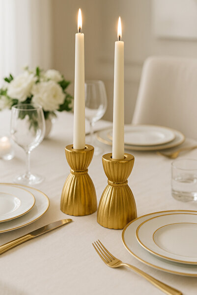 Genel Markalar Gold Şamdan Mumluk Seti – Uzun Mumlu Dekoratif Masa Süsü (2’li)