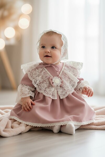 GabrielleBebe Rochiță de botez Barbie cu dantelă brodată și bentiță de culoare roz pudră