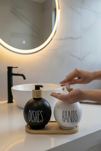 EVONİTA 350 ml Bamboo Base Double Liquid Soap Dispenser Set – Stylish Deterge...