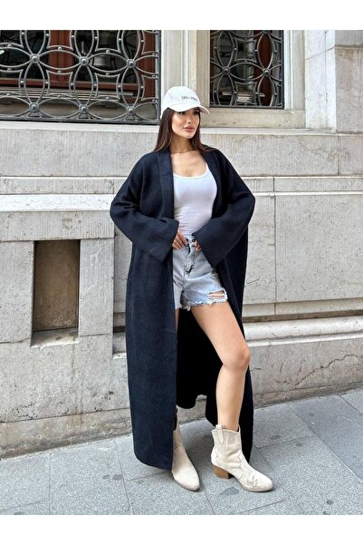 EDAYBUTİK سترة نسائية طويلة من التريكو ذات ياقة شال عالية الجودة باللون الأسود