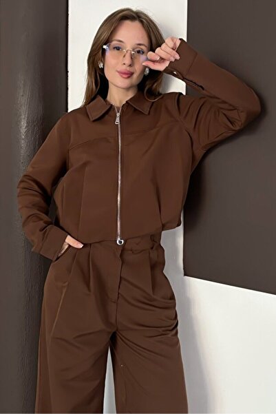Zerenyus Zipper Closure Wide Leg Top and Bottom Trench Coat Set Brown