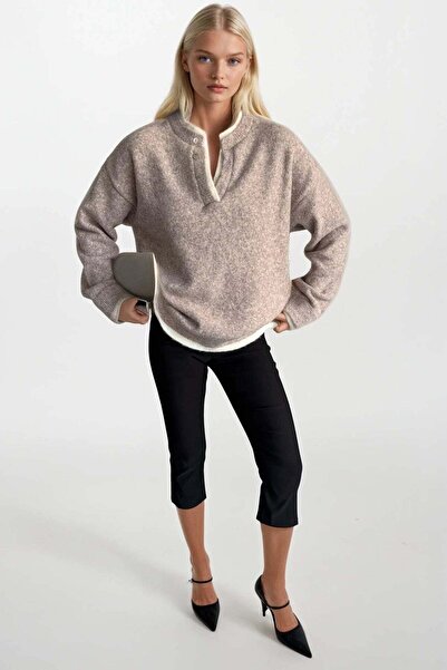 Maxi modena Button Detail Basic Beige Knitwear Sweater