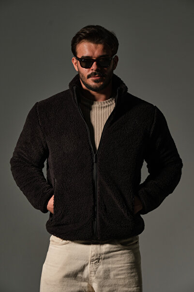 Maule Ανδρικό αθλητικό παλτό K με κουκούλα με φερμουάρ @Monaco, εξωτερικό μέρος Sherpa, εσωτερικό μέρος Fleece με τσέπη με φερμουάρ