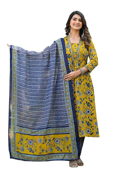 MYSMAR Yellow Viscose Cotton Printed Salwar Kameez & Dupatta - ALV1025 | Yellow