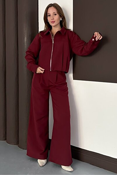 Zerenyus Zipper Closure Wide Leg Bottom Top Trench Suit Burgundy