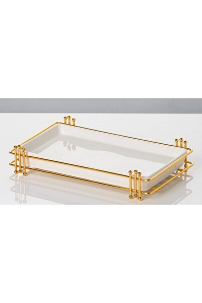 OEM Porcelain serving platter with gold metal stand, 28×16 cm