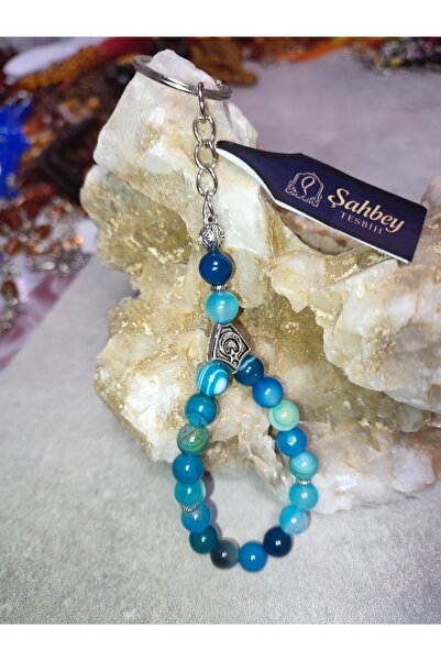 ŞAHBEY TESBİH سلسلة مفاتيح مسبحة من الحجر الطبيعي من العقيق الأزرق