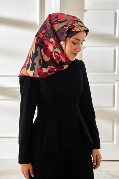 Silk Home Burgundy Black Floral Pattern Tivil Woven Pure Silk Scarf-11483-34