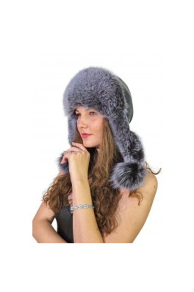 PFA CIOCARLAN ELENA Youth leather and fox fur hat, gray/blue, CBF021 56 cm