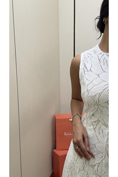 Elegent A white, sleeveless lace dress with an elegant design and embroidered leaf pattern.