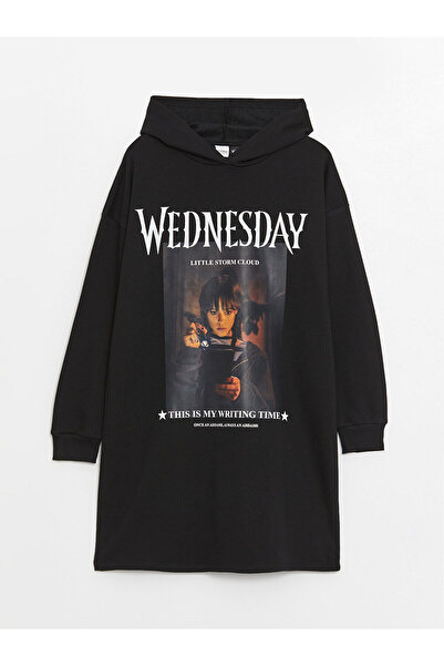 LC Waikiki Μαύρο με κουκούλα με τύπωμα Μακρυμάνικο φόρεμα για κορίτσια