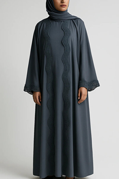 MayaCloset Premium Long Gray Nidah Cap Ferace Abaya with Elegant Lace Trim