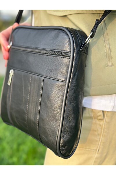 Deribag Genuine Leather, Medium Size, Crossbody Strap, Women's Shoulder Bag, Black, 22*24*5 cm