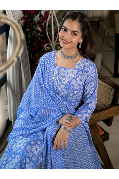 MYSMAR Blue Viscose Cotton Embroidery Salwar Kameez & Dupatta - ALV1131 | Blue