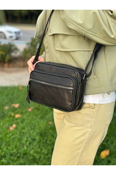 Deribag Genuine Leather, Medium Size, Crossbody Strap, Women's Shoulder Bag, Printed Black, 23*17*8 cm