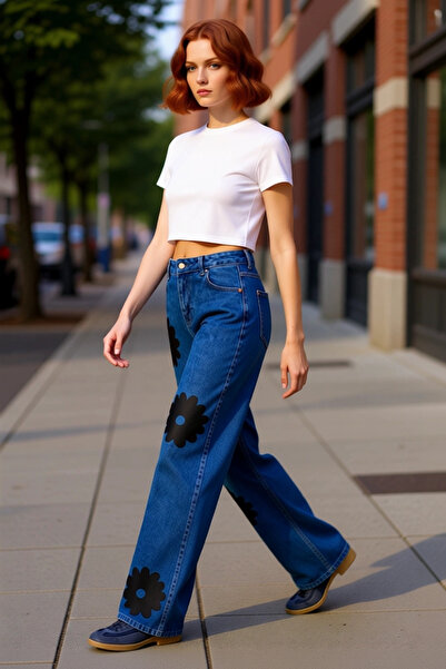 PayBuy بنطلون جينز نسائي واسع الساقين بنقشة الزهور، عملي، متين، عالي الجودة، ...