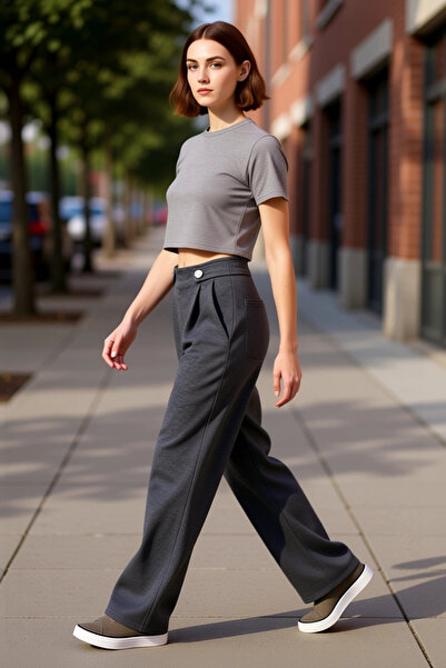 PayBuy Women's Anthracite Pleated Wide Leg Knitted Trousers Functional Durable Quality Comfortable Stylish