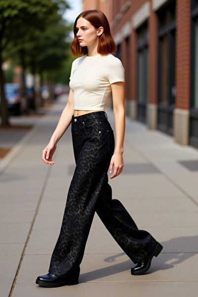 PayBuy Women's Multi-Colored Leopard Print High Waist Wide Leg Jean Pants Functional Durable Stylish