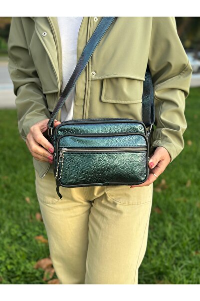 Deribag Genuine Leather, Medium Size, Crossbody Strap, Women's Shoulder Bag, Printed Green, 23*17*8 cm