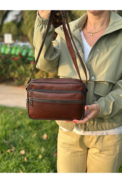 Deribag Genuine Leather, Medium Size, Crossbody Strap, Women's Shoulder Bag, Brown, 23*17*8 cm