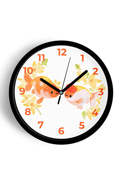 JHAAR ساعة حائط لغرفة الأطفال بتصميم سمكة لطيفة - 35 سم - هيكل أسود مع زجاج أ...