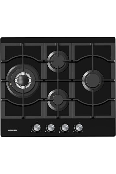 Heinner Built-in Gas Hob HBH-M452IWFGBK – 4 Burners, Wok, Cast Iron Grates, 60 cm, Black Glass