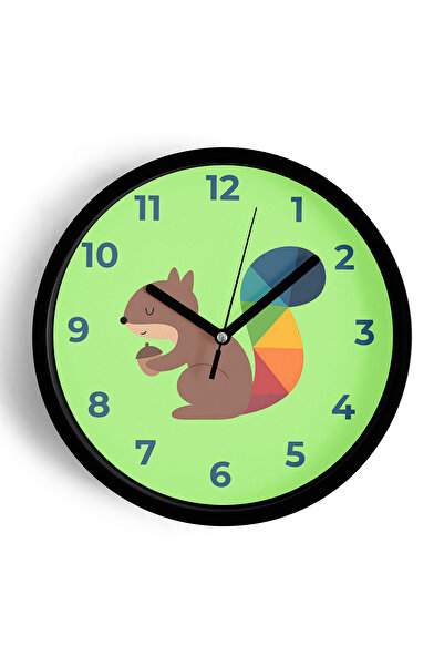 JHAAR ساعة حائط لغرفة الأطفال على شكل سنجاب لطيف - 42 سم - هيكل أسود مع زجاج ...