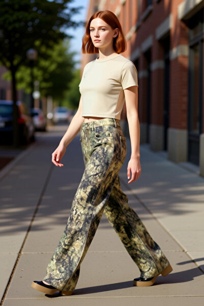 PayBuy Young Women's Patterned High Waist Wide Leg Jean Pants Functional Durable Quality Sports