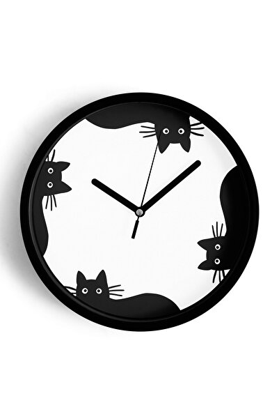 JHAAR Ceas de perete modern Cat Design - 35cm - Carcasă neagră cu sticlă fron...