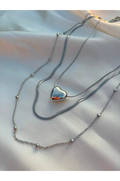Eylülün Takısı Women's Silver Color 3-Piece Heart Chain Necklace
