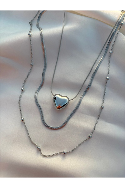 Eylülün Takısı Women's Silver Color 3-Piece Heart Chain Necklace