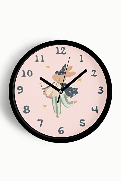 JHAAR ساعة حائط لغرفة الأطفال بتصميم الأرنب السحري - 35 سم - هيكل أسود مع زجا...