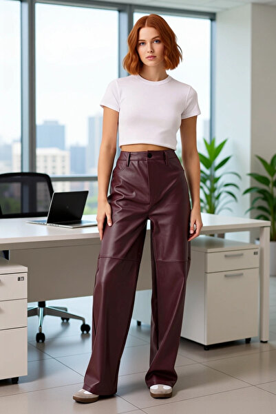 PayBuy Women's Faux Leather Wide Leg Pants Functional Durable Quality Comfortable Aesthetic Modern