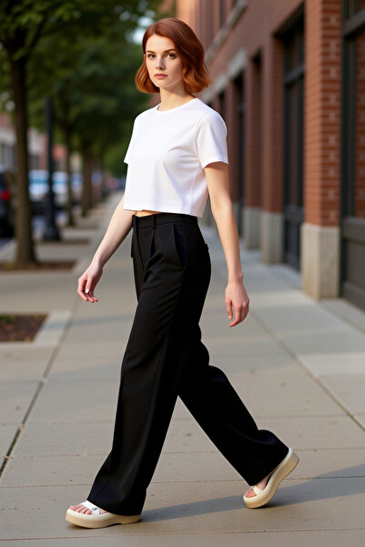 PayBuy Pantaloni pentru femei cu picioare largi din material tip stofă Funcți...