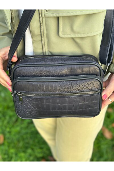 Deribag Genuine Leather, Medium Size, Crossbody Strap, Women's Shoulder Bag, Printed Dark Navy Blue, 23*17*8 cm