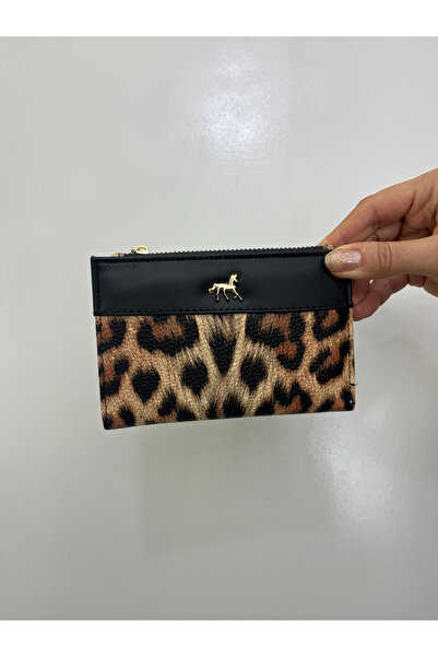 shiny ever Black Cream Leopard Patterned Leather Women's Wallet with Gold Detail