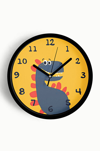 JHAAR ساعة حائط لغرفة الأطفال برسومات ديناصورات لطيفة - 25 سم - هيكل أسود مع ...